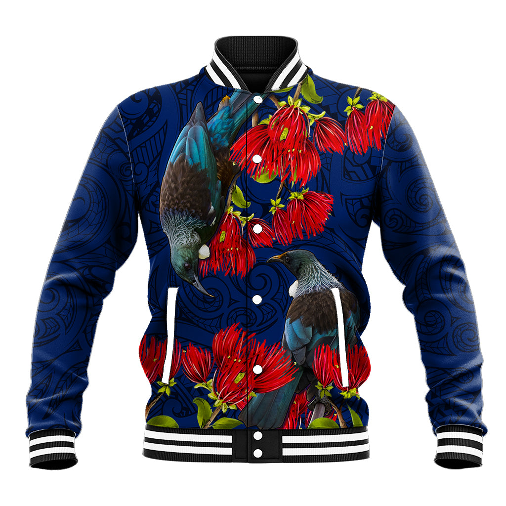 New Zealand Baseball Jacket Tui Couple with Pohutukawa LT7 Unisex Blue - Polynesian Pride