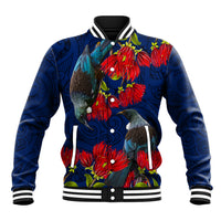 New Zealand Baseball Jacket Tui Couple with Pohutukawa LT7 Unisex Blue - Polynesian Pride