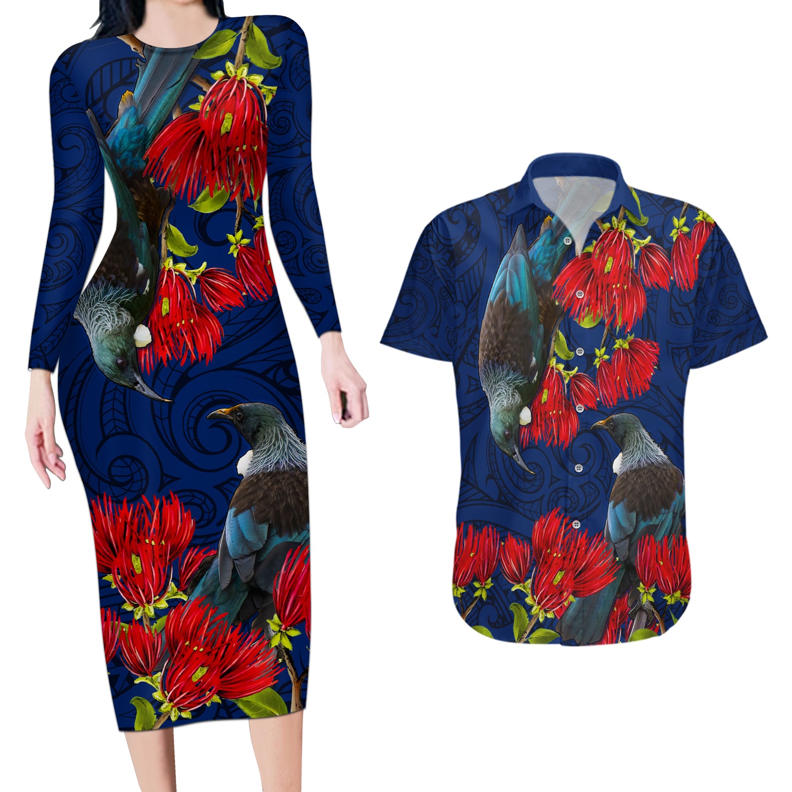 New Zealand Couples Matching Long Sleeve Bodycon Dress and Hawaiian Shirt Tui Couple with Pohutukawa LT7 Blue - Polynesian Pride