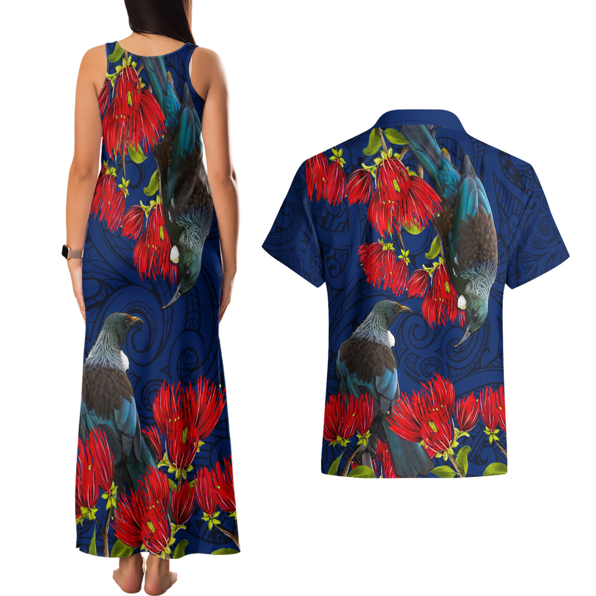 New Zealand Couples Matching Tank Maxi Dress and Hawaiian Shirt Tui Couple with Pohutukawa LT7 - Polynesian Pride