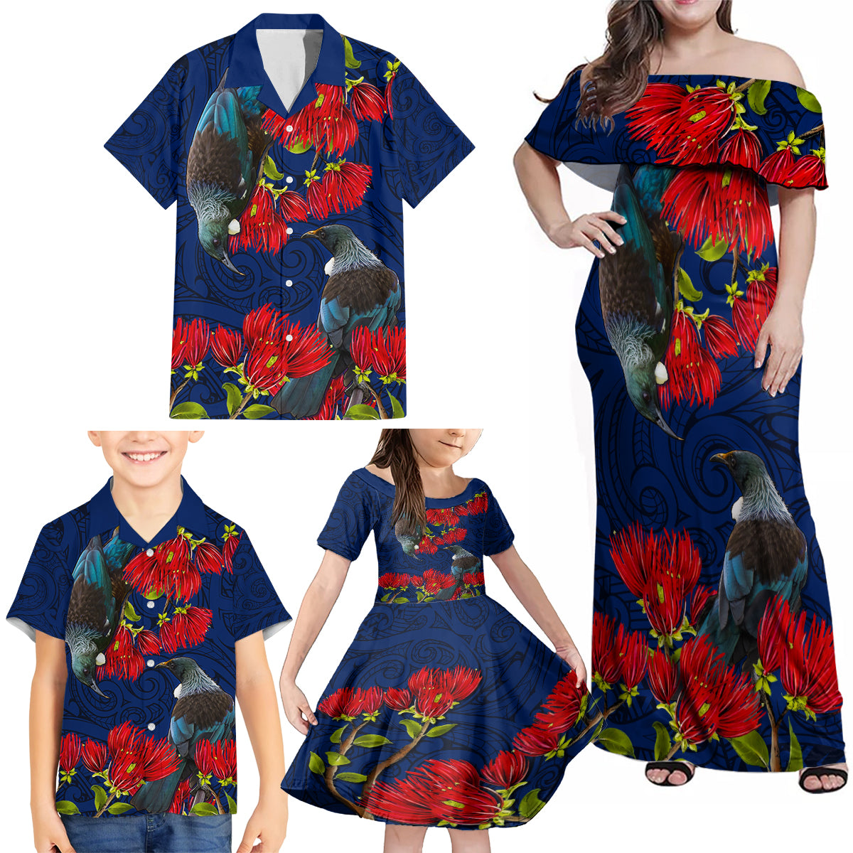 New Zealand Family Matching Off Shoulder Maxi Dress and Hawaiian Shirt Tui Couple with Pohutukawa LT7 - Polynesian Pride