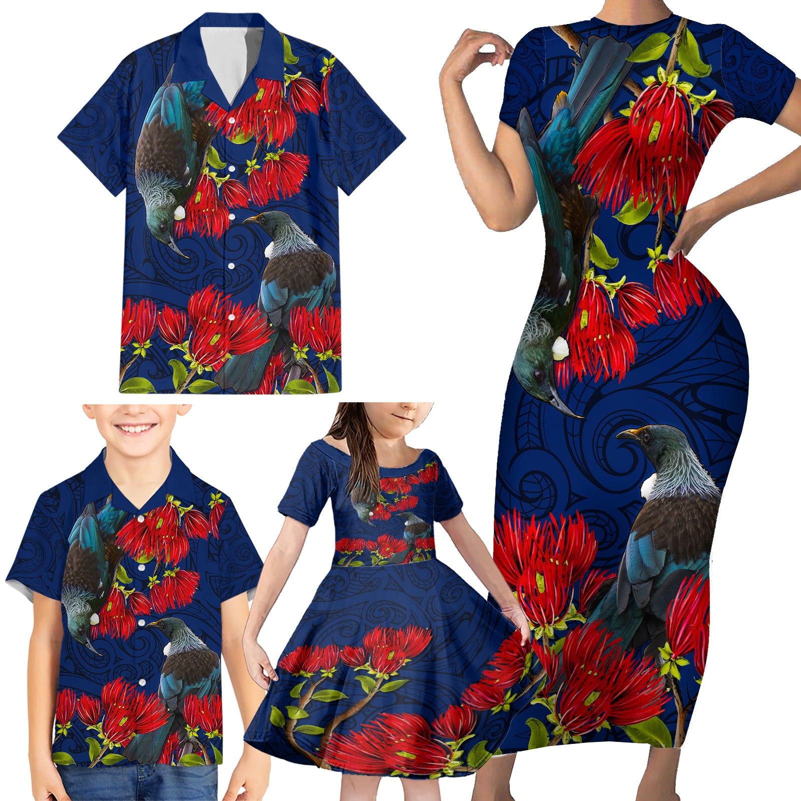 New Zealand Family Matching Short Sleeve Bodycon Dress and Hawaiian Shirt Tui Couple with Pohutukawa LT7 - Polynesian Pride