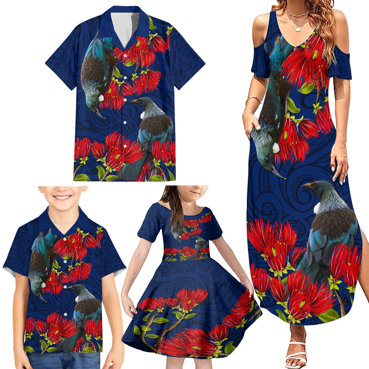 New Zealand Family Matching Summer Maxi Dress and Hawaiian Shirt Tui Couple with Pohutukawa LT7 - Polynesian Pride