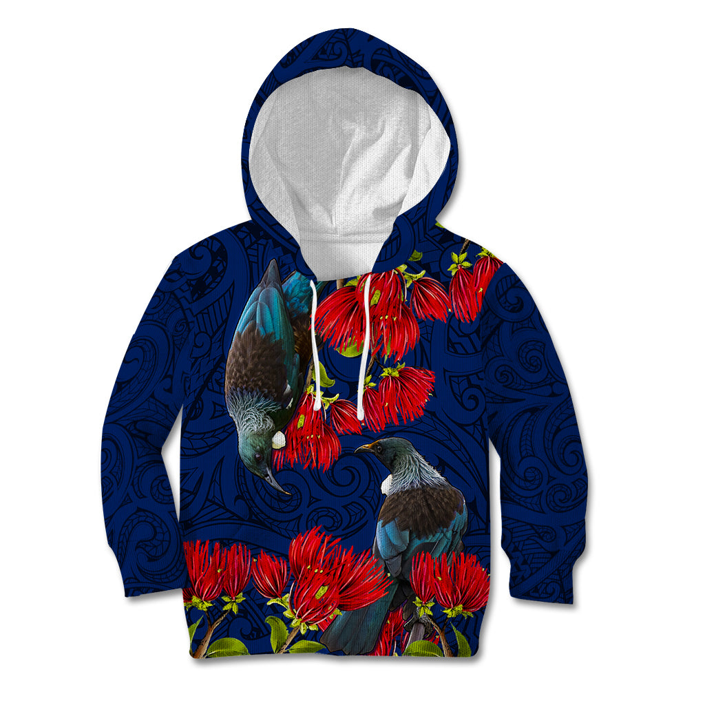 New Zealand Kid Hoodie Tui Couple with Pohutukawa LT7 Hoodie Blue - Polynesian Pride