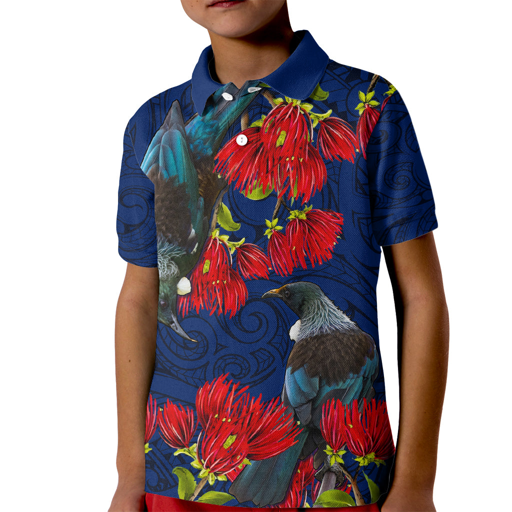 New Zealand Kid Polo Shirt Tui Couple with Pohutukawa LT7 Kid Blue - Polynesian Pride