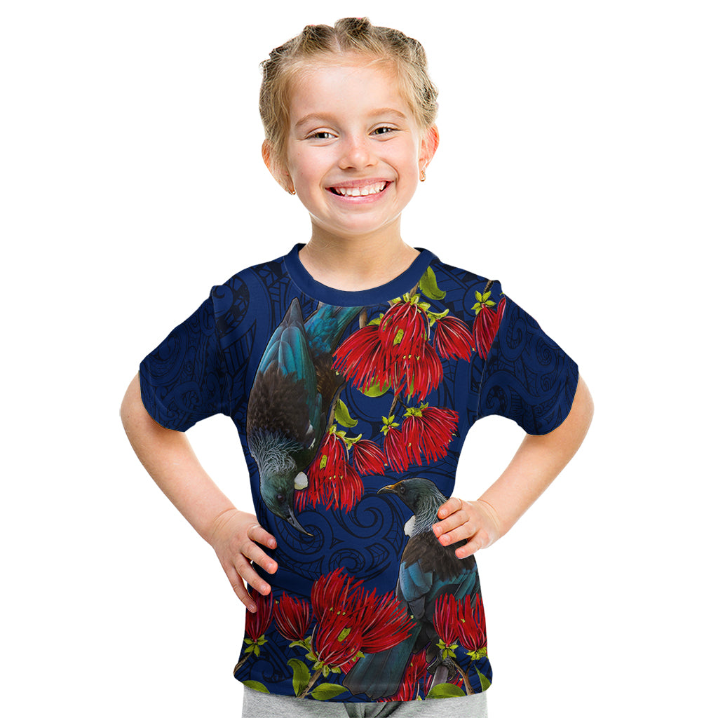 New Zealand Kid T Shirt Tui Couple with Pohutukawa LT7 Blue - Polynesian Pride