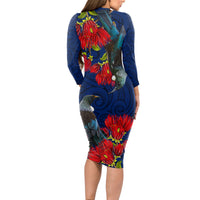 New Zealand Long Sleeve Bodycon Dress Tui Couple with Pohutukawa LT7 - Polynesian Pride