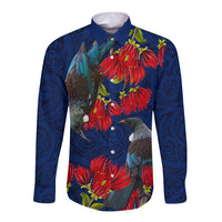 New Zealand Long Sleeve Button Shirt Tui Couple with Pohutukawa LT7 Unisex Blue - Polynesian Pride