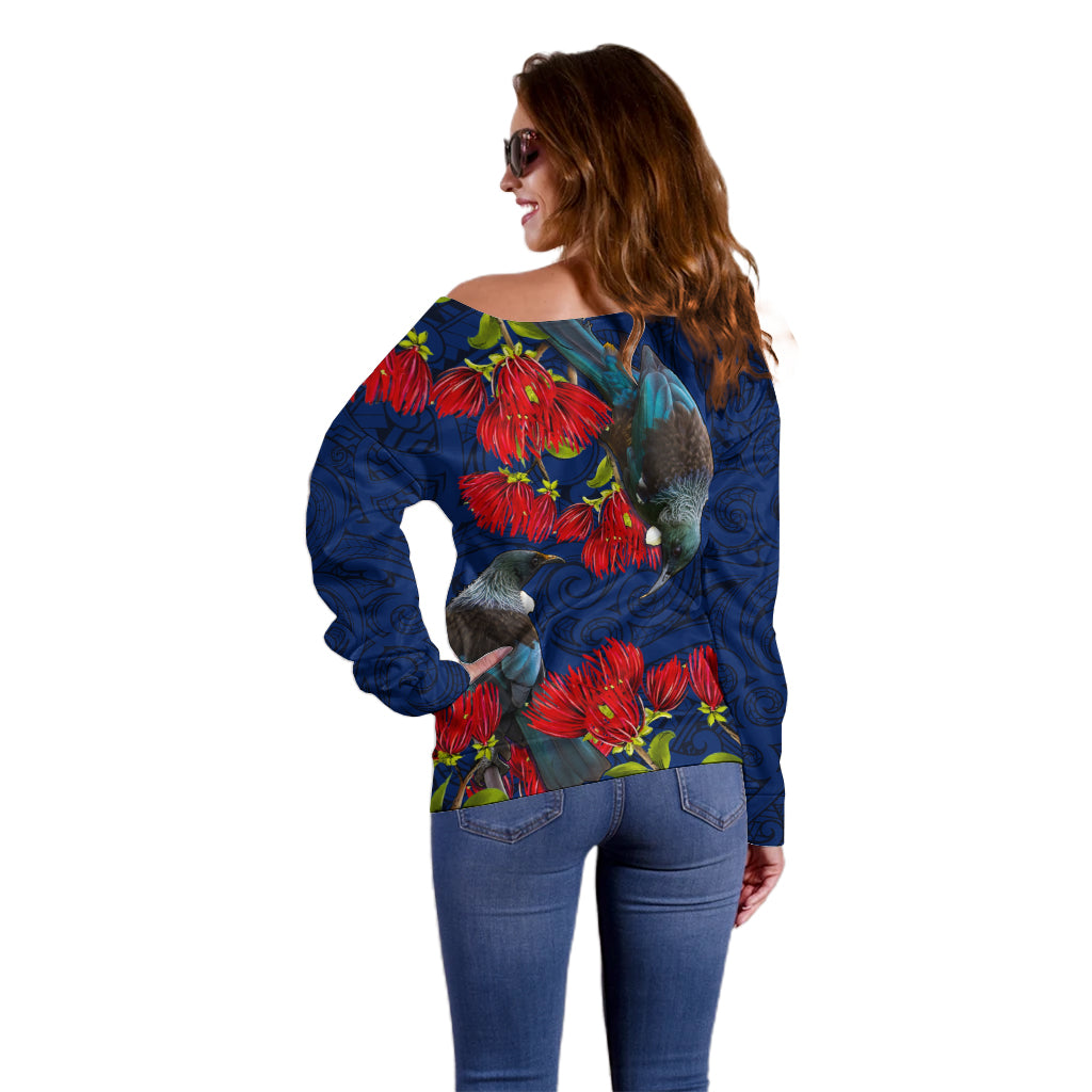New Zealand Off Shoulder Sweater Tui Couple with Pohutukawa LT7 - Polynesian Pride