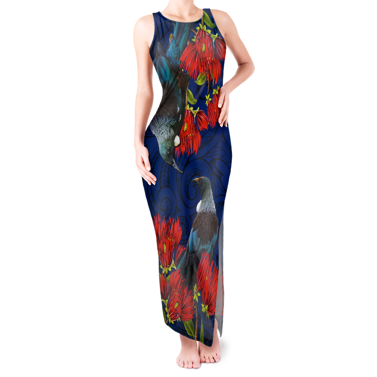 New Zealand Tank Maxi Dress Tui Couple with Pohutukawa LT7 Women Blue - Polynesian Pride