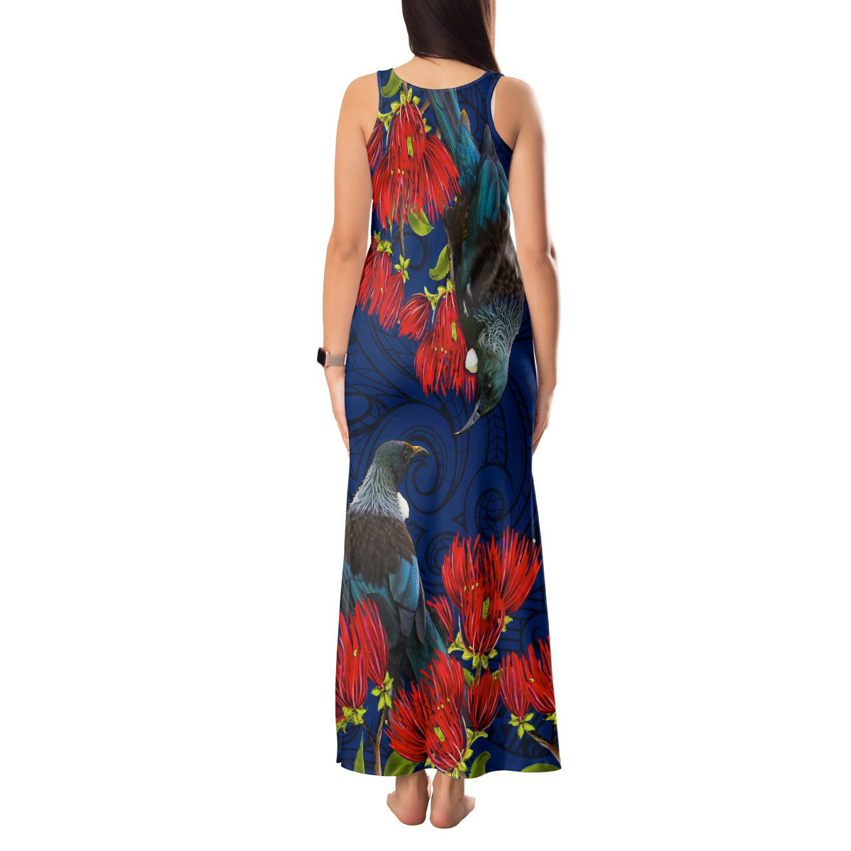New Zealand Tank Maxi Dress Tui Couple with Pohutukawa LT7 - Polynesian Pride