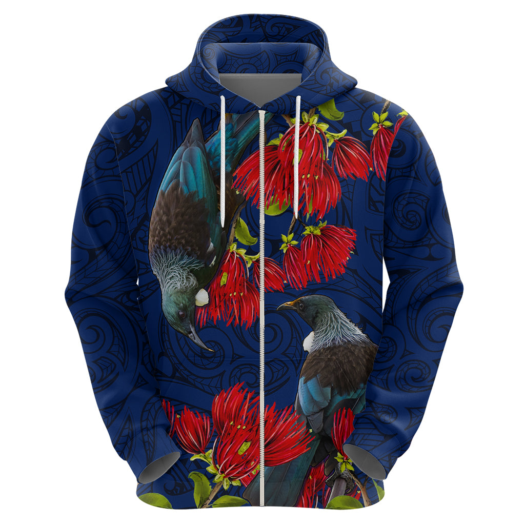 New Zealand Zip Hoodie Tui Couple with Pohutukawa LT7 - Polynesian Pride