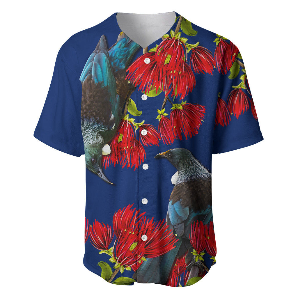 New Zealand Pohutukawa with Tui Birds Baseball Jersey Version 2 LT7 Blue - Polynesian Pride