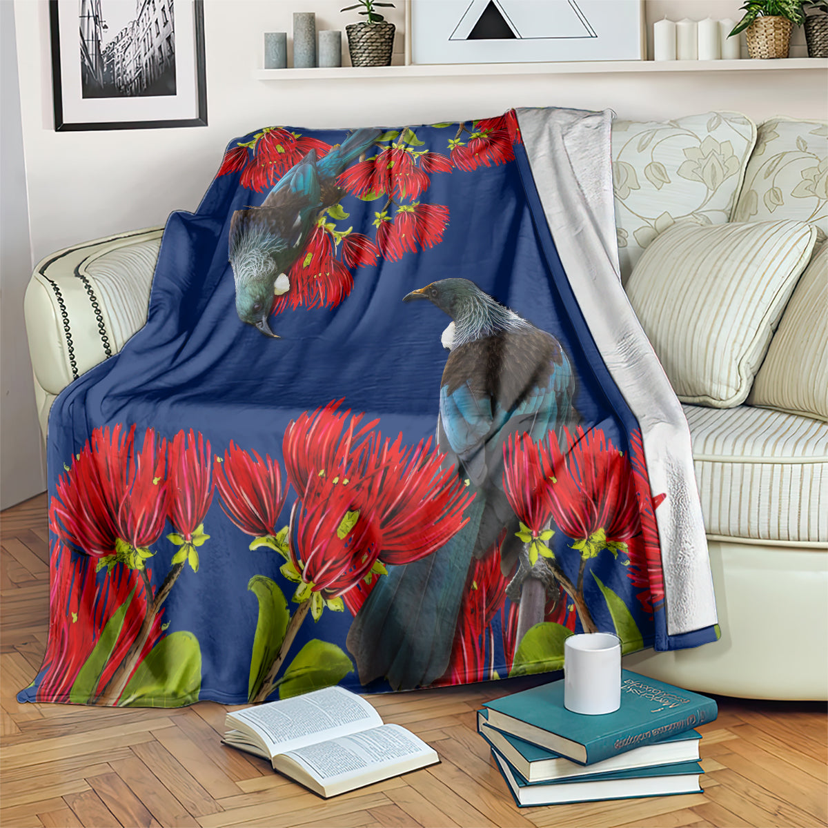 New Zealand Pohutukawa with Tui Birds Blanket Version 2 LT7 Blue - Polynesian Pride