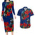 New Zealand Pohutukawa with Tui Birds Couples Matching Long Sleeve Bodycon Dress and Hawaiian Shirt Version 2 LT7 Blue - Polynesian Pride