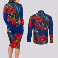 New Zealand Pohutukawa with Tui Birds Couples Matching Long Sleeve Bodycon Dress and Long Sleeve Button Shirt Version 2 LT7 - Polynesian Pride