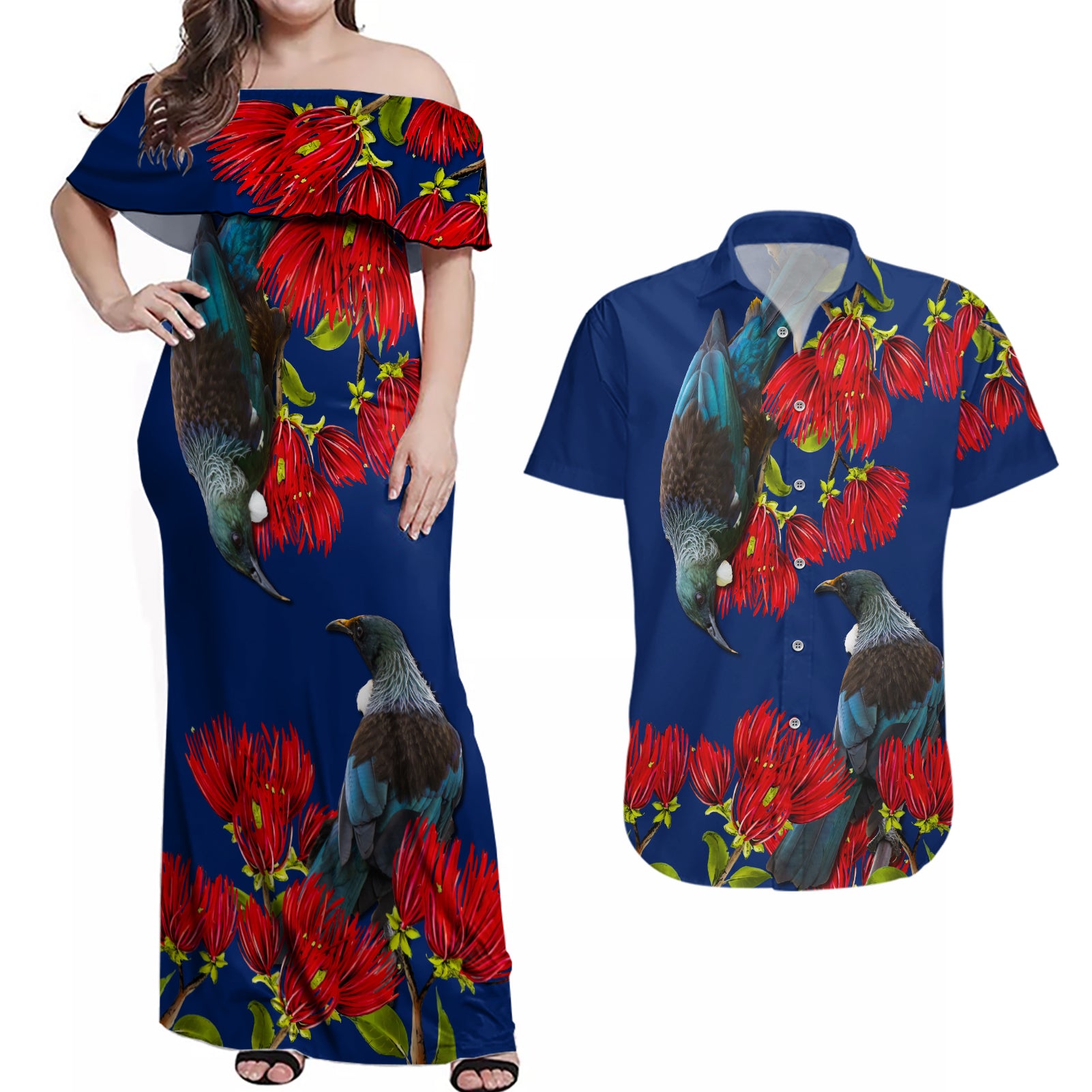 New Zealand Pohutukawa with Tui Birds Couples Matching Off Shoulder Maxi Dress and Hawaiian Shirt Version 2 LT7 Blue - Polynesian Pride