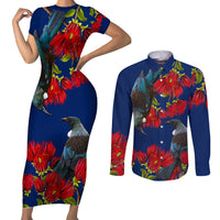 New Zealand Pohutukawa with Tui Birds Couples Matching Short Sleeve Bodycon Dress and Long Sleeve Button Shirt Version 2 LT7 Blue - Polynesian Pride