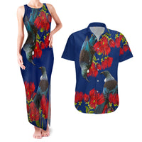 New Zealand Pohutukawa with Tui Birds Couples Matching Tank Maxi Dress and Hawaiian Shirt Version 2 LT7 Blue - Polynesian Pride