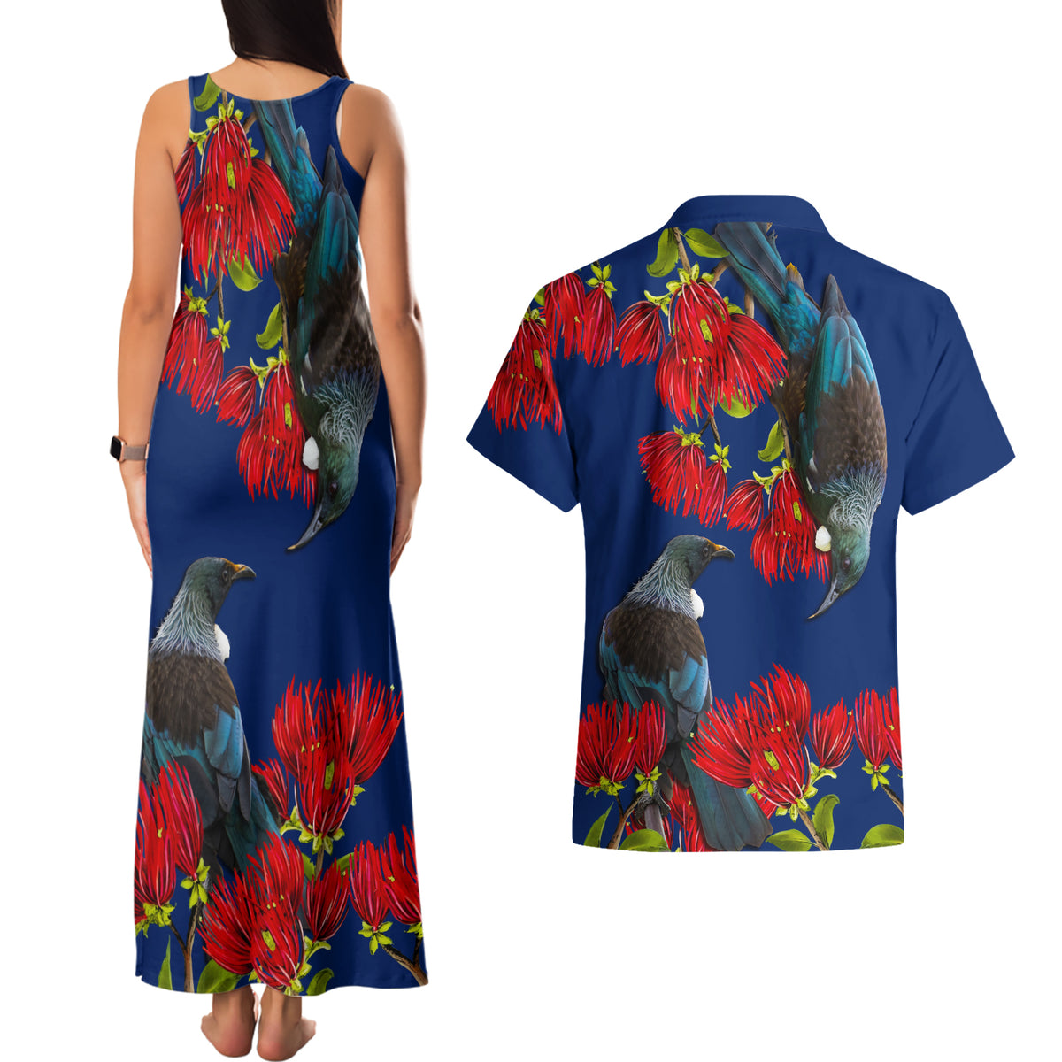 New Zealand Pohutukawa with Tui Birds Couples Matching Tank Maxi Dress and Hawaiian Shirt Version 2 LT7 - Polynesian Pride