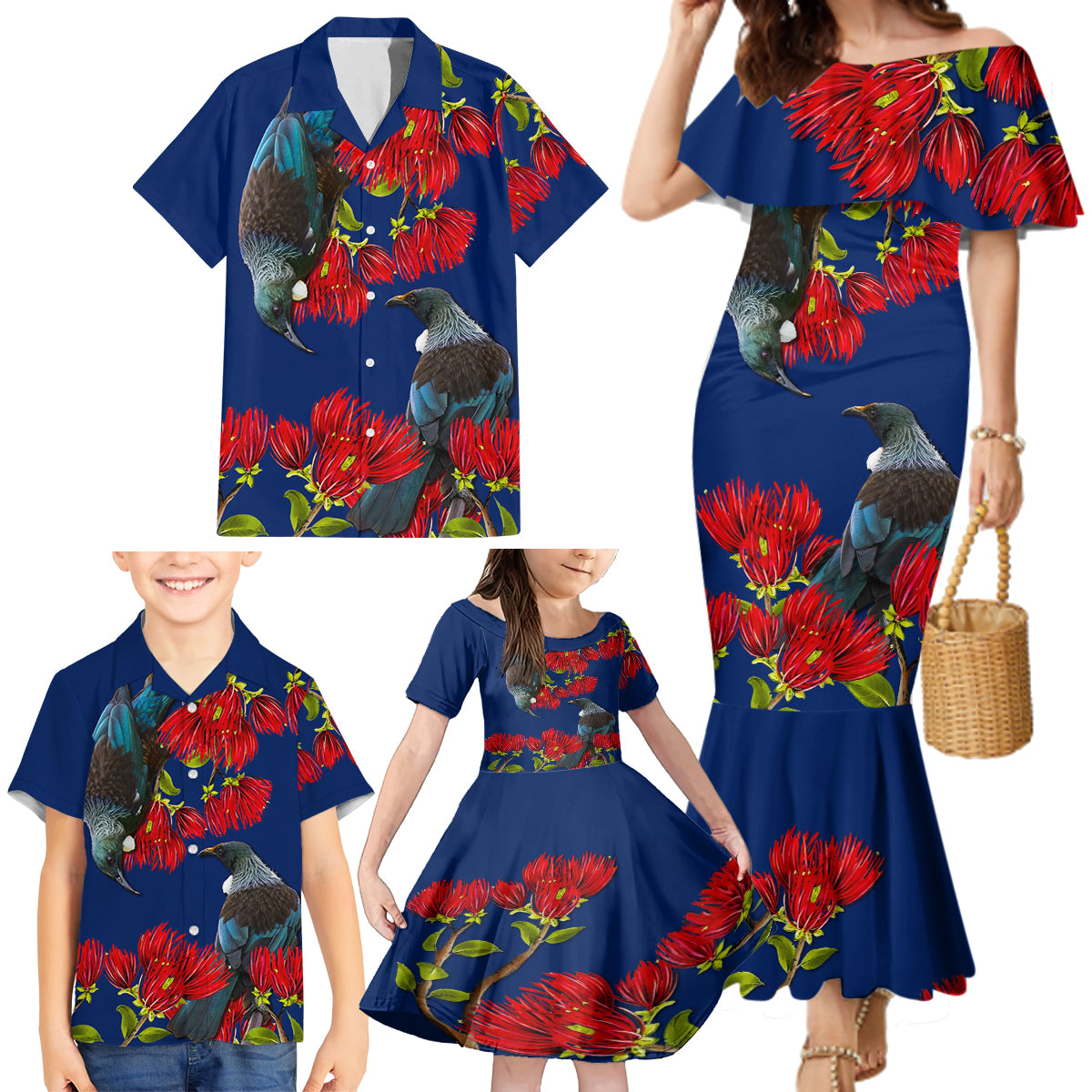 New Zealand Pohutukawa with Tui Birds Family Matching Mermaid Dress and Hawaiian Shirt Version 2 LT7 - Polynesian Pride