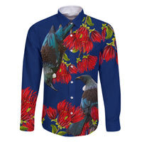 New Zealand Pohutukawa with Tui Birds Family Matching Mermaid Dress and Hawaiian Shirt Version 2 LT7 Dad's Shirt - Long Sleeve Blue - Polynesian Pride
