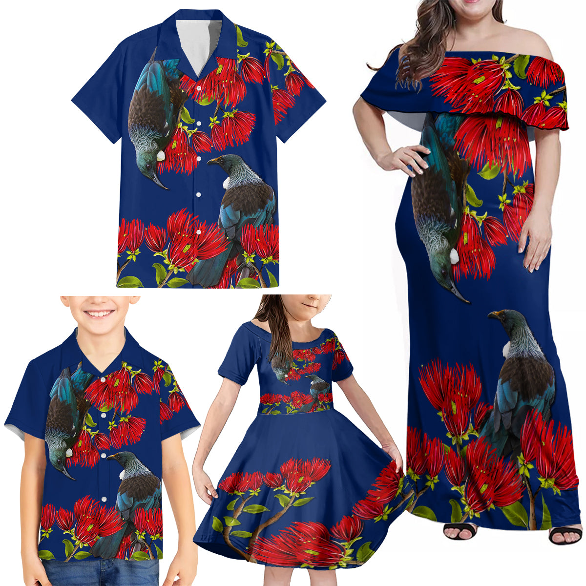 New Zealand Pohutukawa with Tui Birds Family Matching Off Shoulder Maxi Dress and Hawaiian Shirt Version 2 LT7 - Polynesian Pride