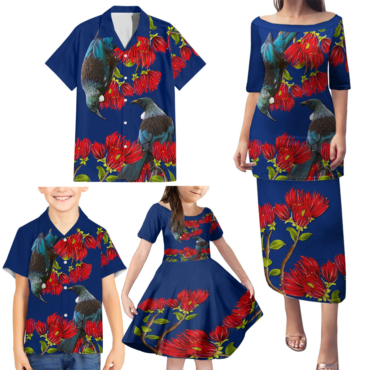 New Zealand Pohutukawa with Tui Birds Family Matching Puletasi and Hawaiian Shirt Version 2 LT7 - Polynesian Pride