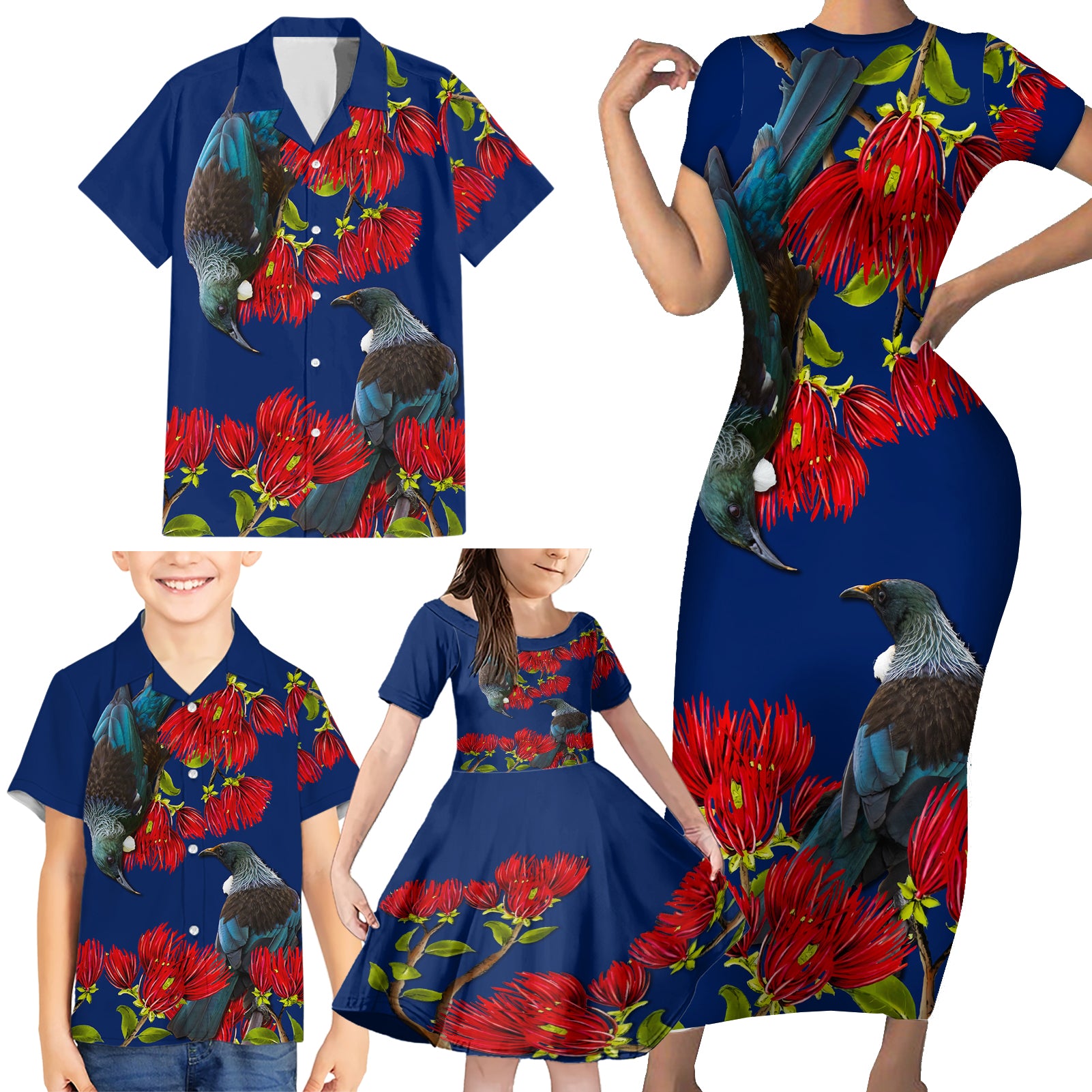 New Zealand Pohutukawa with Tui Birds Family Matching Short Sleeve Bodycon Dress and Hawaiian Shirt Version 2 LT7 - Polynesian Pride