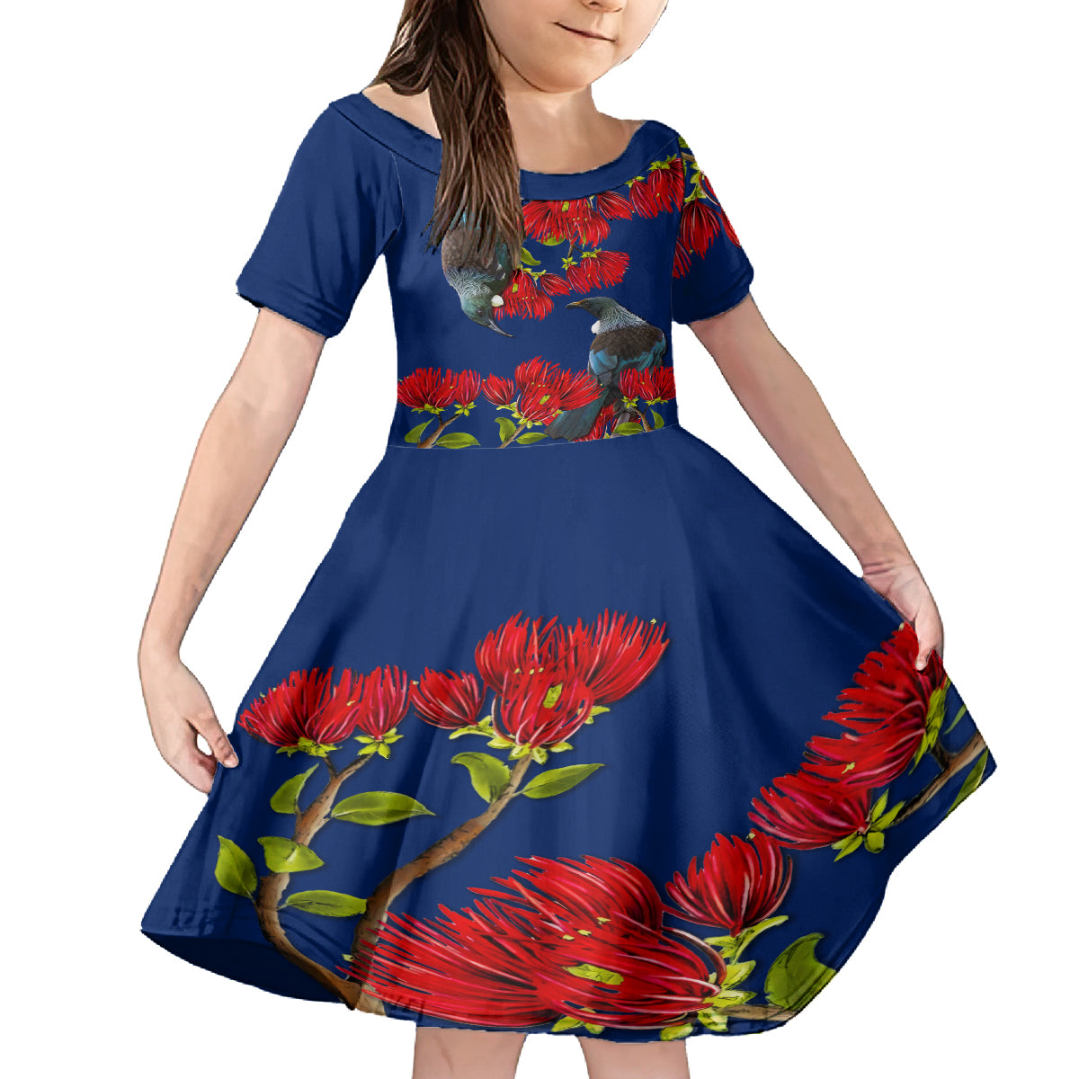 New Zealand Pohutukawa with Tui Birds Family Matching Summer Maxi Dress and Hawaiian Shirt Version 2 LT7 Daughter's Dress Blue - Polynesian Pride