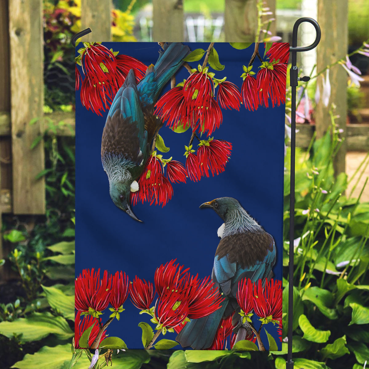 New Zealand Pohutukawa with Tui Birds Garden Flag Version 2 LT7 Garden Flag Blue - Polynesian Pride