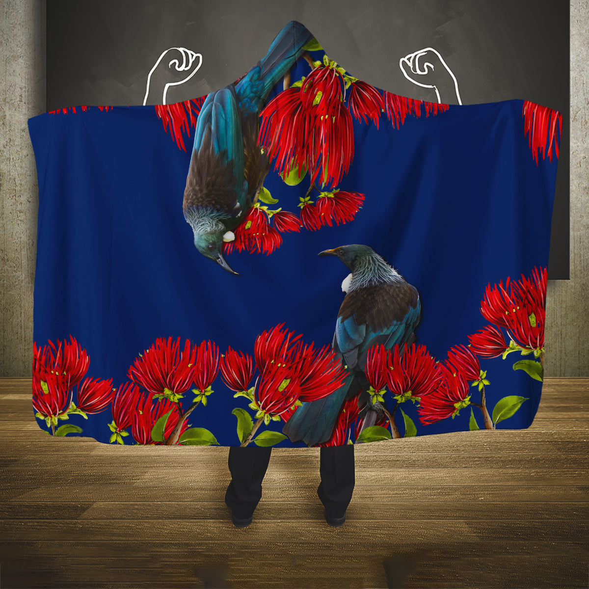 New Zealand Pohutukawa with Tui Birds Hooded Blanket Version 2 LT7 One Size Blue - Polynesian Pride