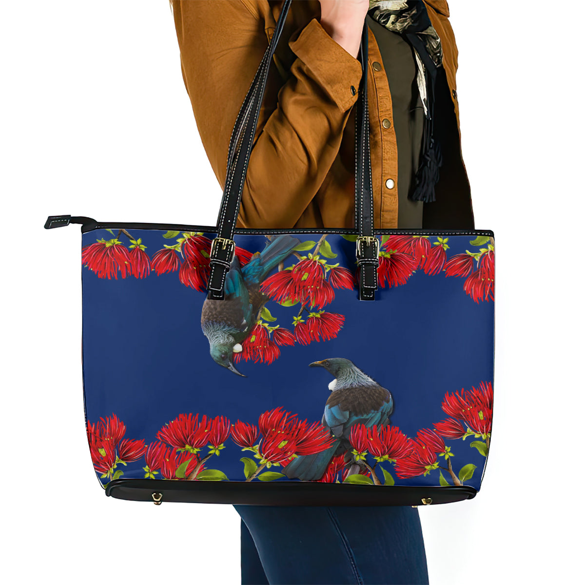 New Zealand Pohutukawa with Tui Birds Leather Tote Bag Version 2 LT7 - Polynesian Pride