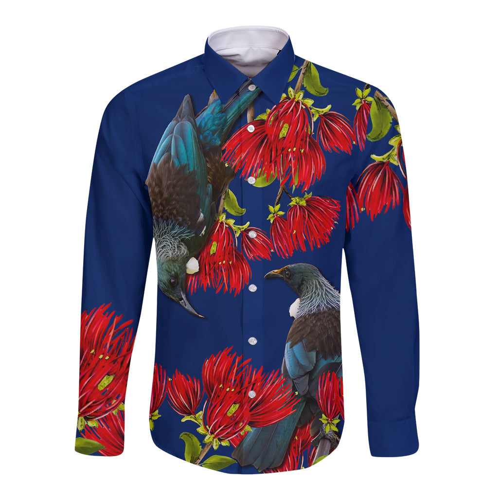 New Zealand Pohutukawa with Tui Birds Long Sleeve Button Shirt Version 2 LT7 Unisex Blue - Polynesian Pride