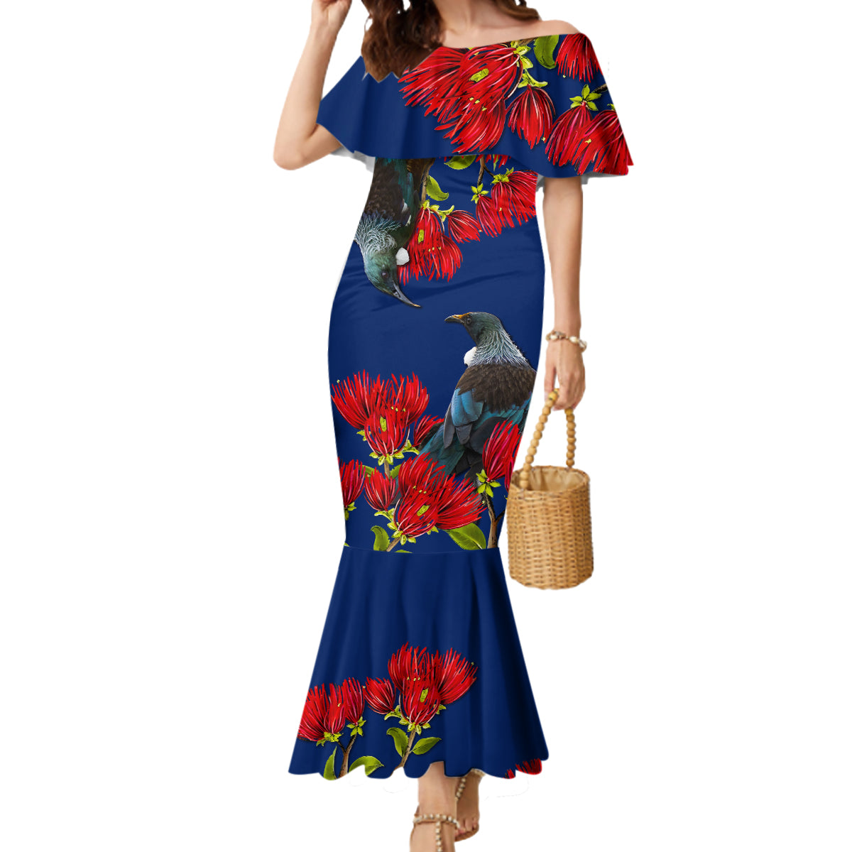 New Zealand Pohutukawa with Tui Birds Mermaid Dress Version 2 LT7 Women Blue - Polynesian Pride