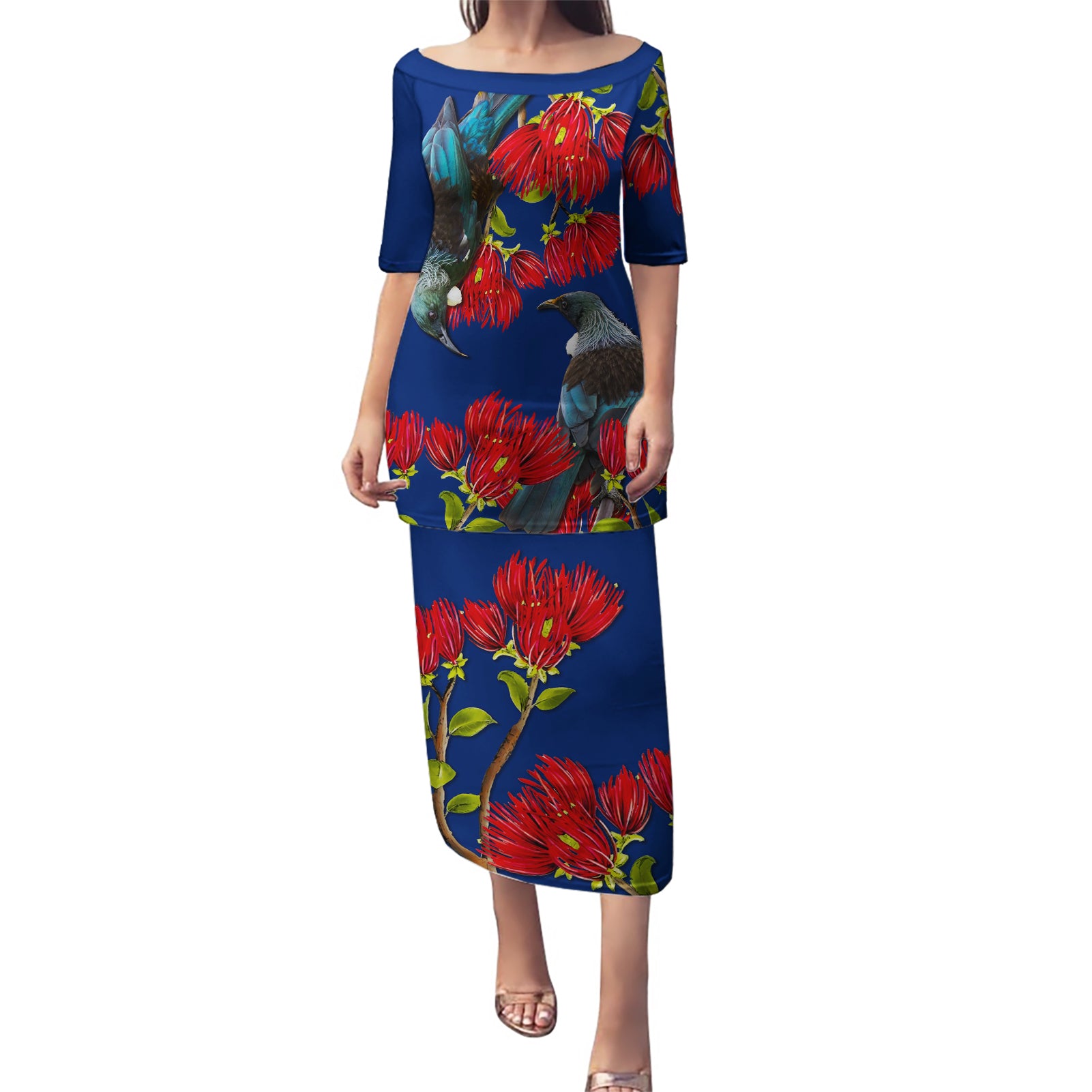 New Zealand Pohutukawa with Tui Birds Puletasi Version 2 LT7 Long Dress Blue - Polynesian Pride