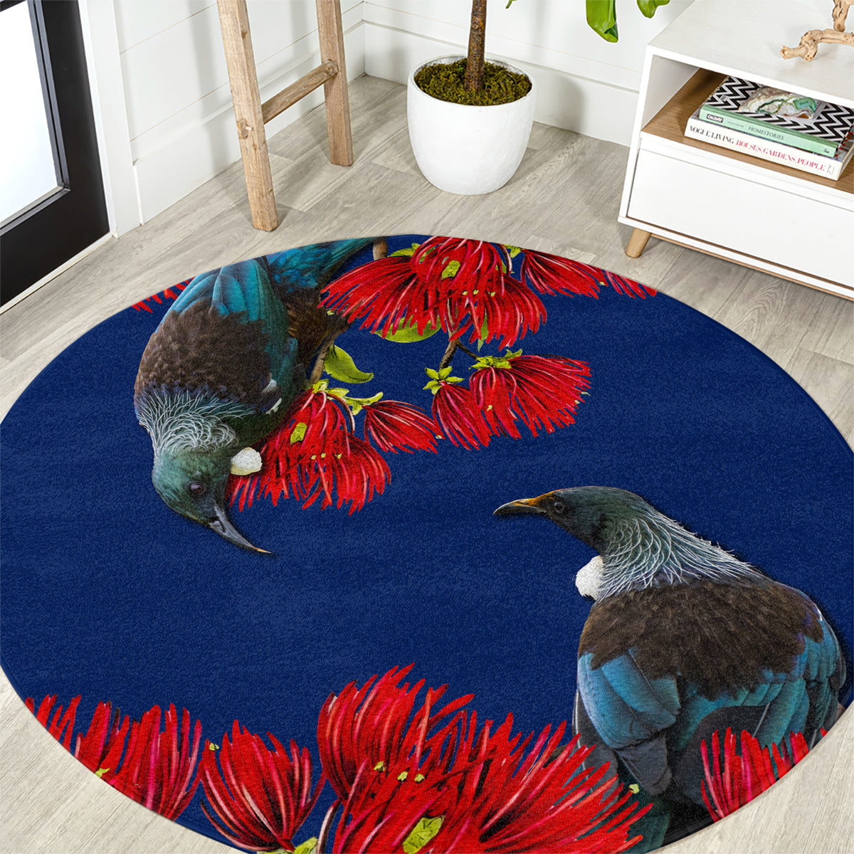 New Zealand Pohutukawa with Tui Birds Round Carpet Version 2 LT7 Blue - Polynesian Pride