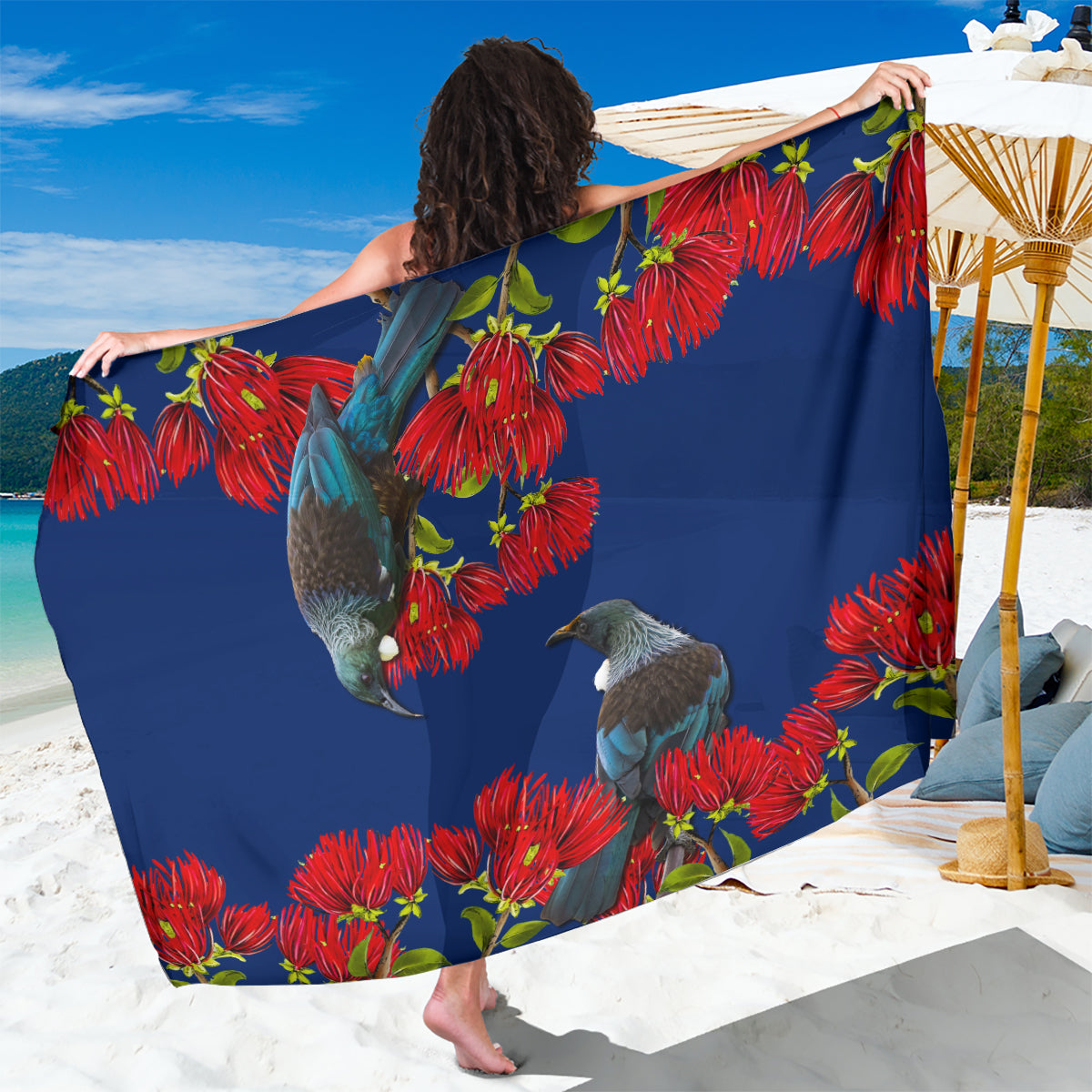 New Zealand Pohutukawa with Tui Birds Sarong Version 2 LT7 One Size 44 x 66 inches Blue - Polynesian Pride