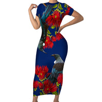 New Zealand Pohutukawa with Tui Birds Short Sleeve Bodycon Dress Version 2 LT7 Long Dress Blue - Polynesian Pride