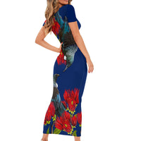 New Zealand Pohutukawa with Tui Birds Short Sleeve Bodycon Dress Version 2 LT7 - Polynesian Pride