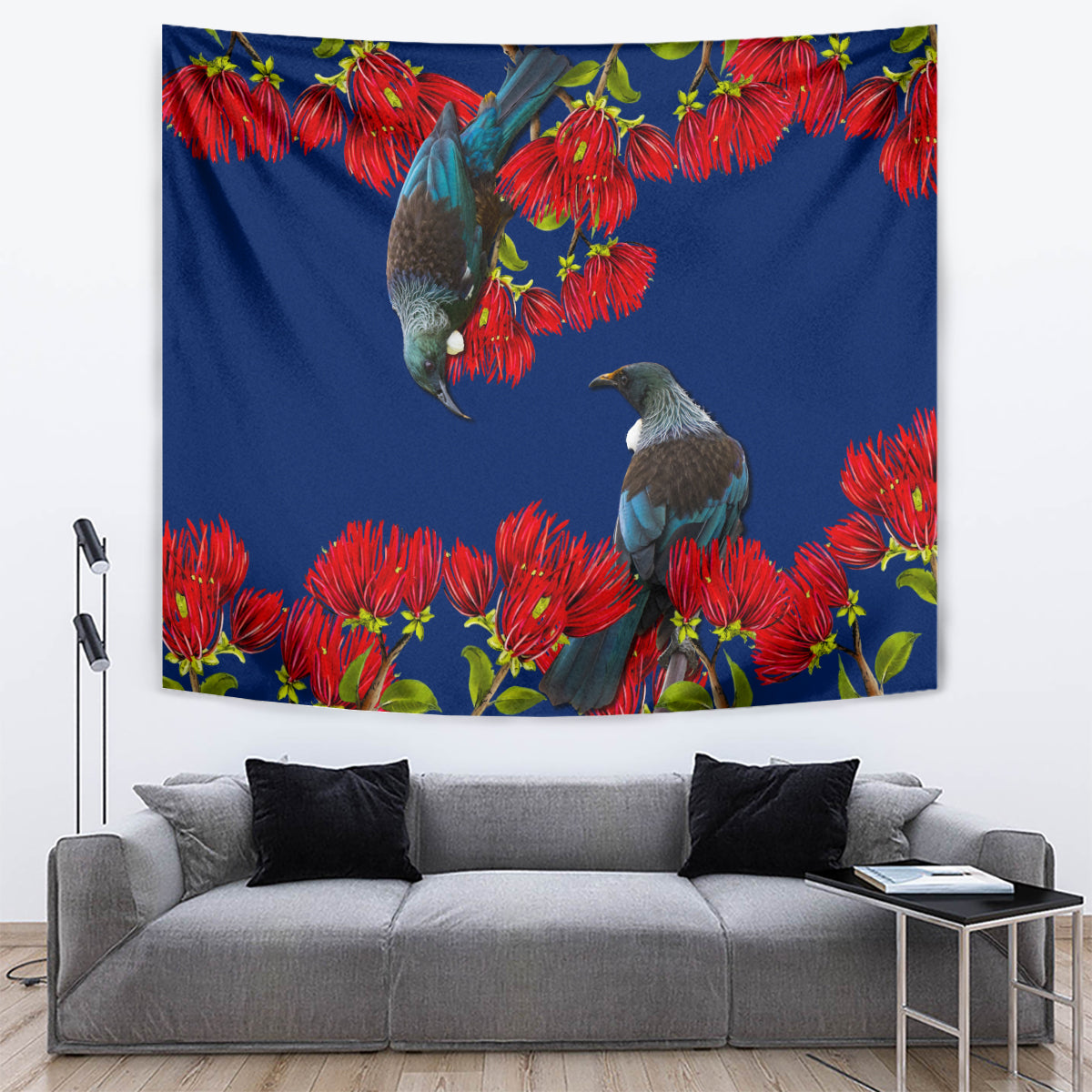 New Zealand Pohutukawa with Tui Birds Tapestry Version 2 LT7 Blue - Polynesian Pride