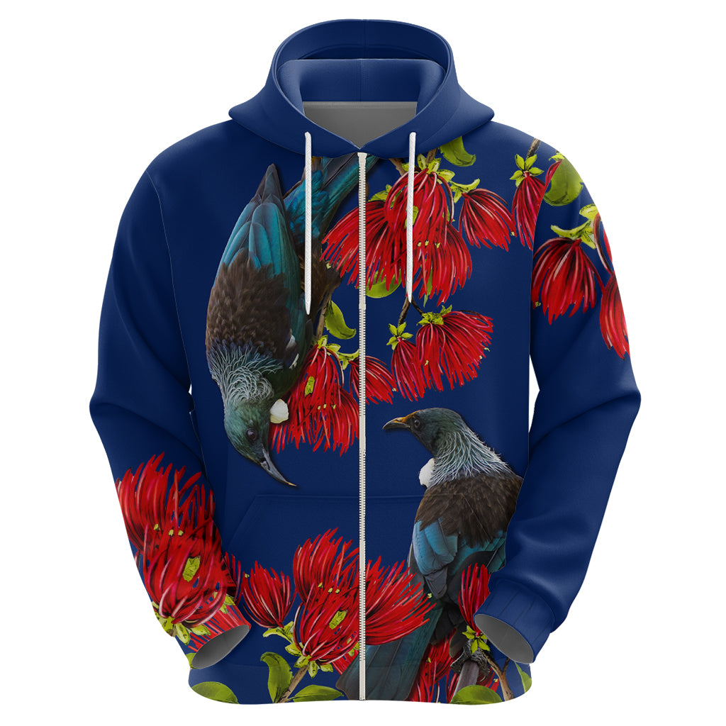 New Zealand Pohutukawa with Tui Birds Zip Hoodie Version 2 LT7 - Polynesian Pride