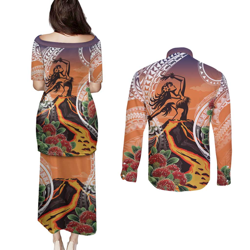 Hawaii Women's Day Tribal Couples Matching Puletasi and Long Sleeve Button Shirt Pele Honua Mea LT7 - Polynesian Pride