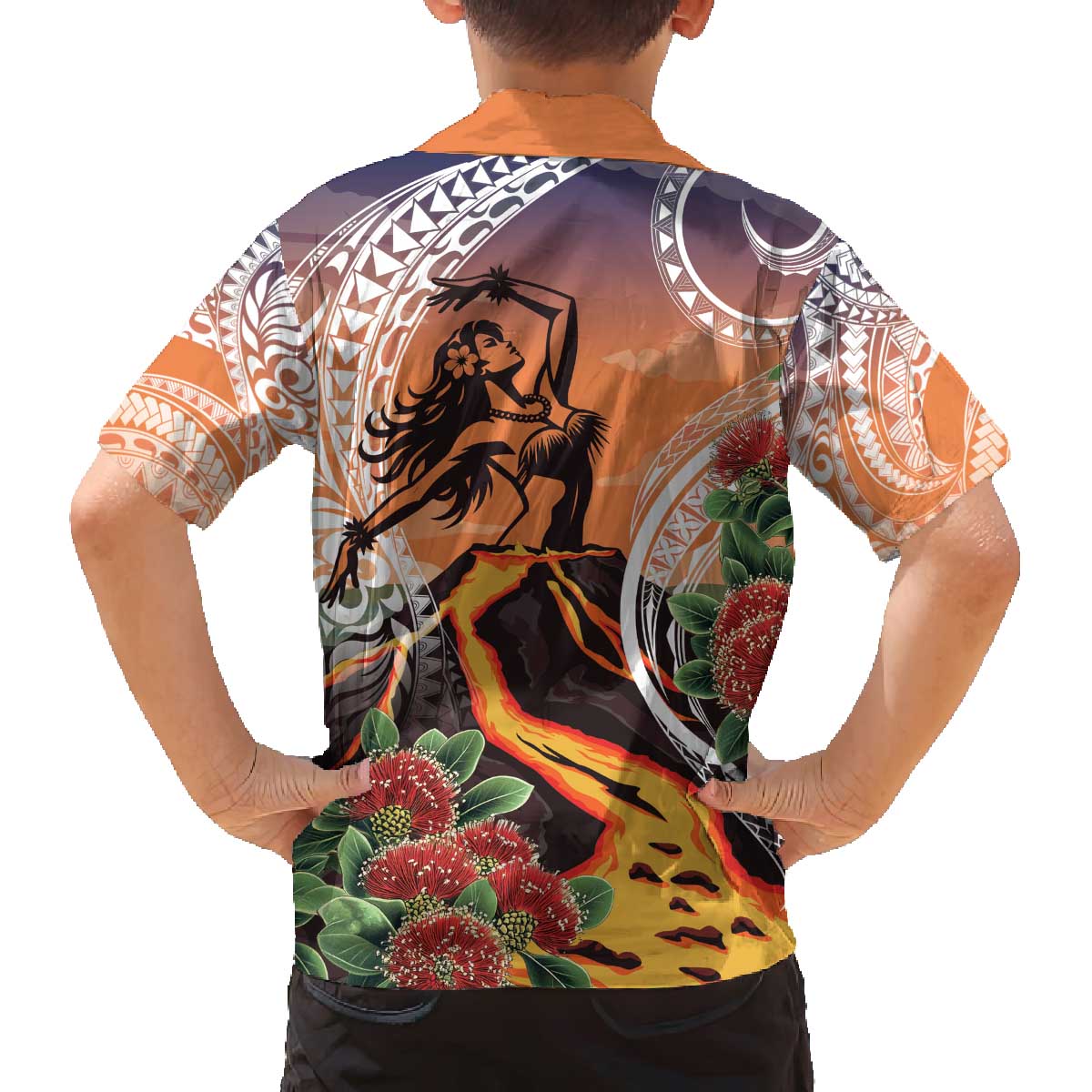 Hawaii Women's Day Tribal Family Matching Off The Shoulder Long Sleeve Dress and Hawaiian Shirt Pele Honua Mea