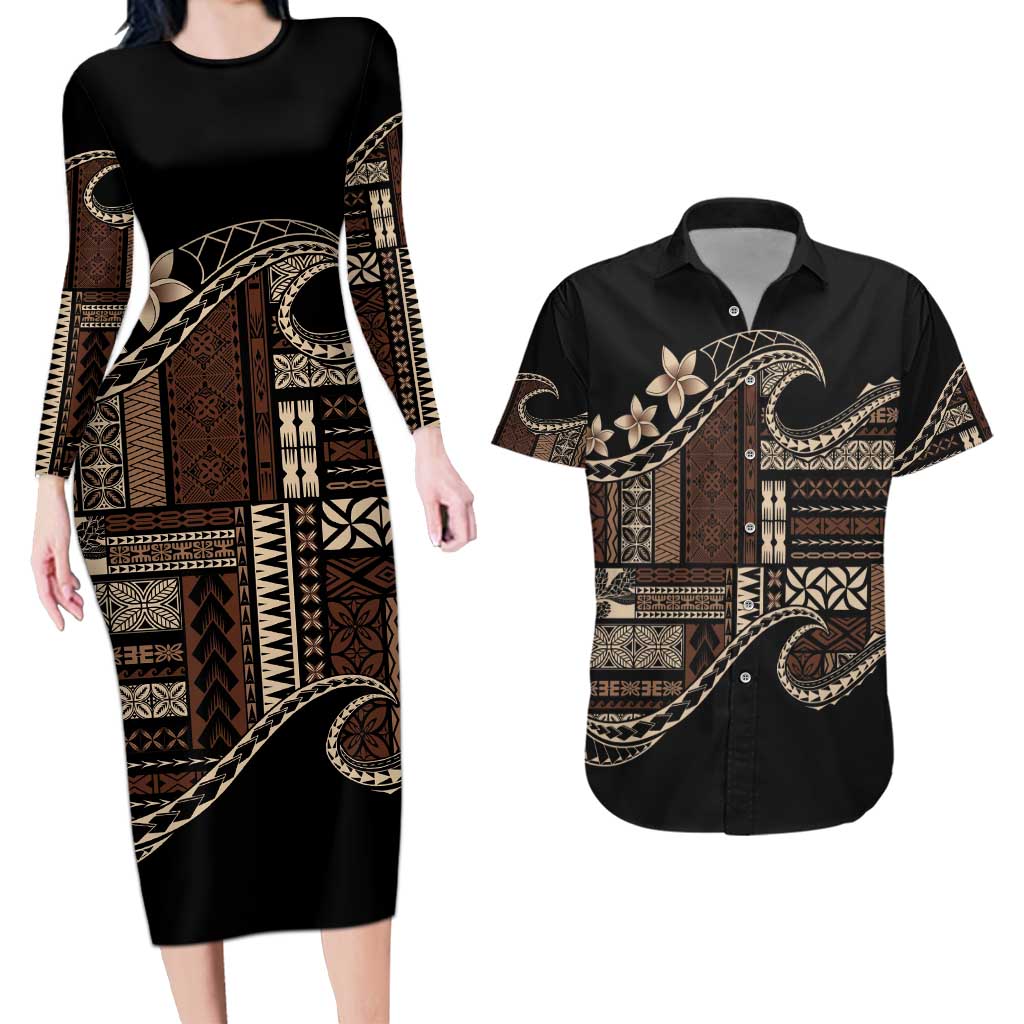Samoa Siapo Mamanu Couples Matching Long Sleeve Bodycon Dress and Hawaiian Shirt Waves Motifs LT7 Black - Polynesian Pride