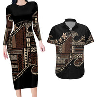 Samoa Siapo Mamanu Couples Matching Long Sleeve Bodycon Dress and Hawaiian Shirt Waves Motifs LT7 Black - Polynesian Pride