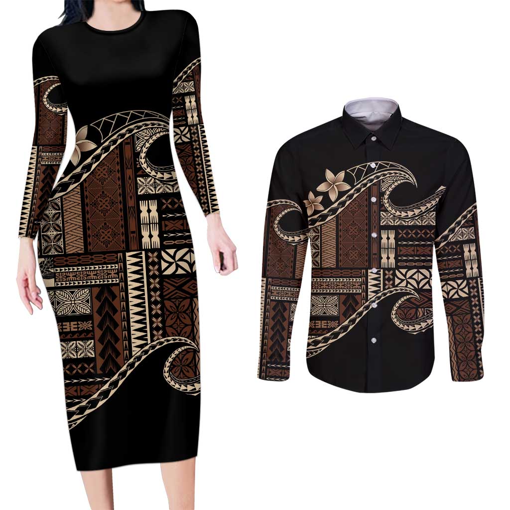 Samoa Siapo Mamanu Couples Matching Long Sleeve Bodycon Dress and Long Sleeve Button Shirt Waves Motifs LT7 Black - Polynesian Pride