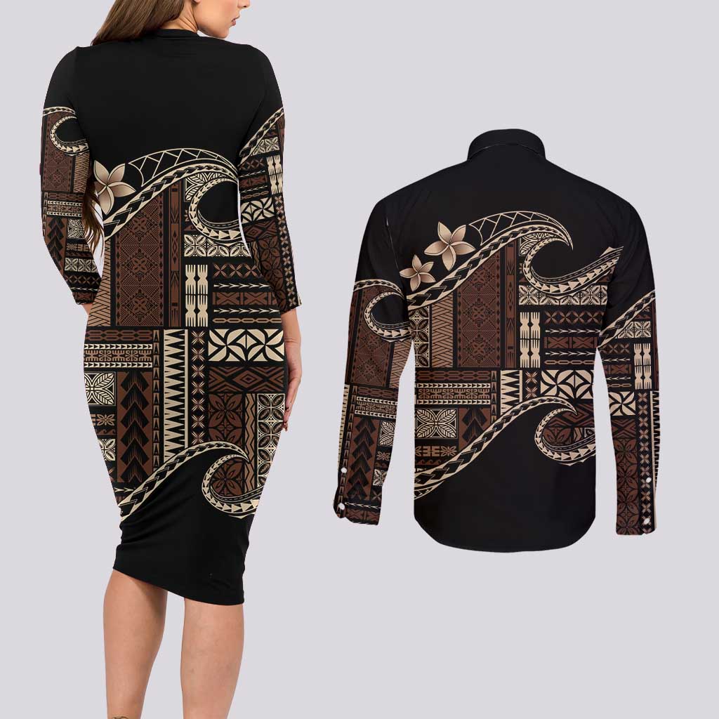 Samoa Siapo Mamanu Couples Matching Long Sleeve Bodycon Dress and Long Sleeve Button Shirt Waves Motifs LT7 - Polynesian Pride