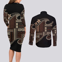 Samoa Siapo Mamanu Couples Matching Long Sleeve Bodycon Dress and Long Sleeve Button Shirt Waves Motifs LT7 - Polynesian Pride