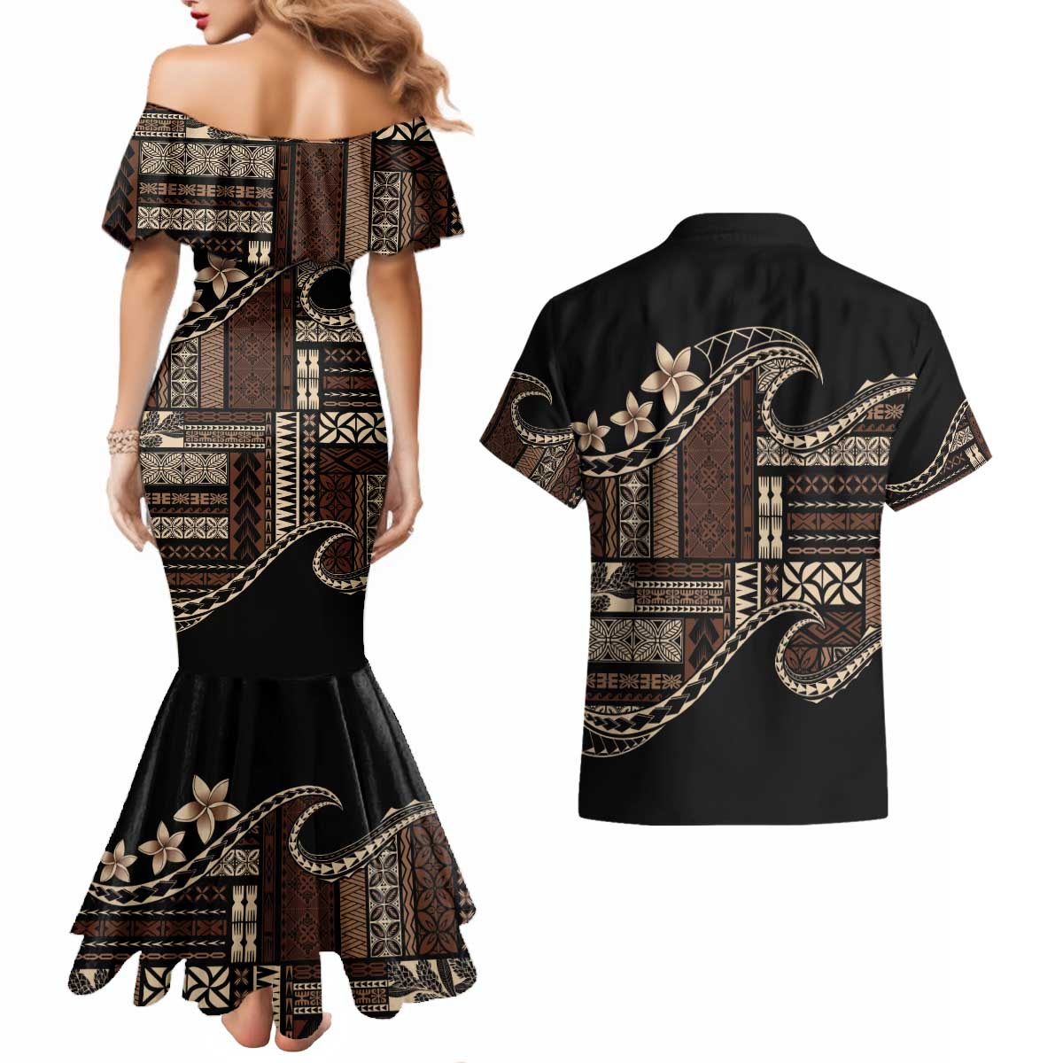 Samoa Siapo Mamanu Couples Matching Mermaid Dress and Hawaiian Shirt Waves Motifs LT7 - Polynesian Pride
